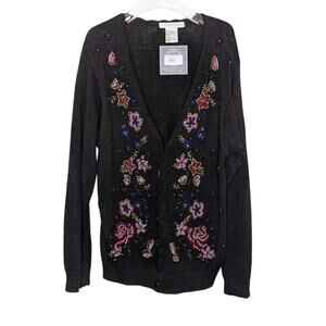 Vintage Victoria Jones Black V-Neck Long Sleeve Floral Beaded Cardigan Sweater
